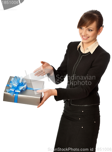 Image of Silver box with blue bow as a present