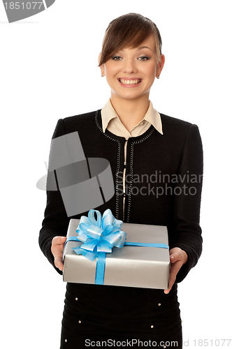 Image of silver box with blue bow as a gift