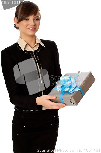 Image of silver box with blue bow as a gift