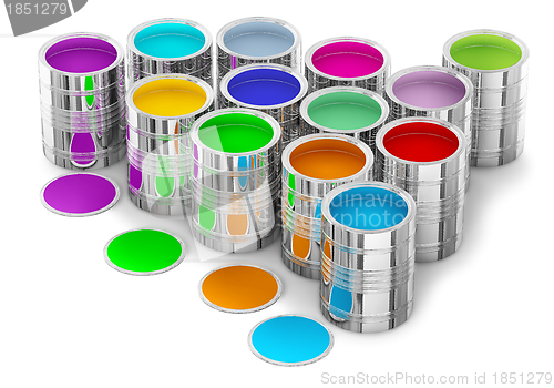 Image of colorful paints in the cans