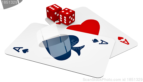 Image of two ace cards and two dices