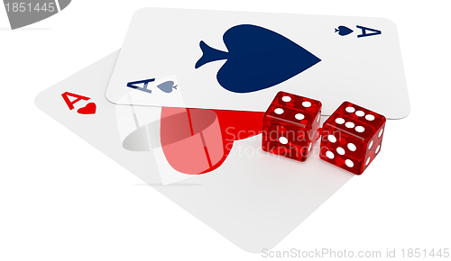 Image of two ace cards and two dices