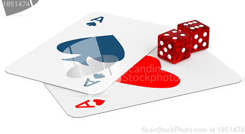 Image of two ace cards and two dices