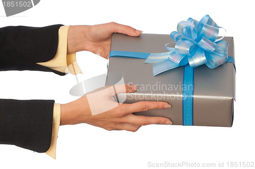 Image of grey box with blue bow as a gift
