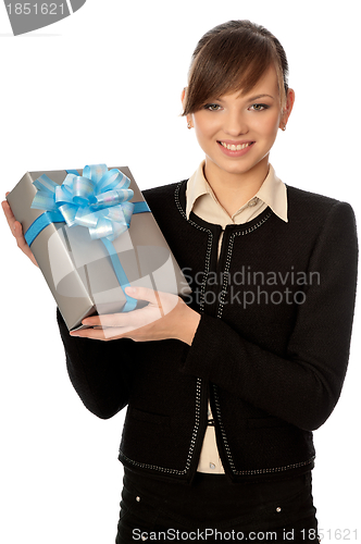 Image of grey box with blue bow as a gift