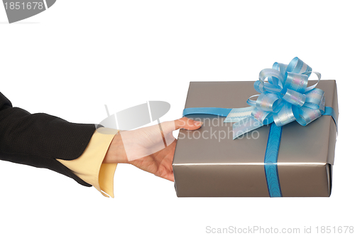 Image of grey box with blue bow as a gift