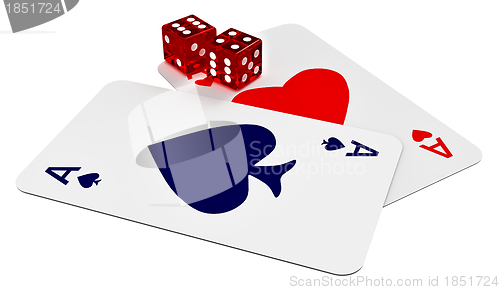 Image of two ace cards and two dices