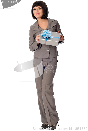 Image of grey box with blue bow as a gift