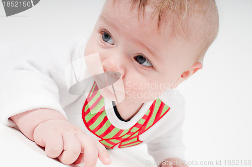 Image of Closeup portrait of baby boy in snowman costume