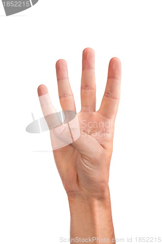 Image of Hand gesture number four closeup isolated on white