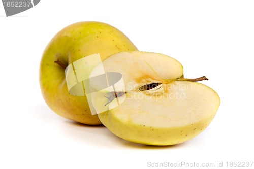 Image of Cross section of green apple, showing pips, and core