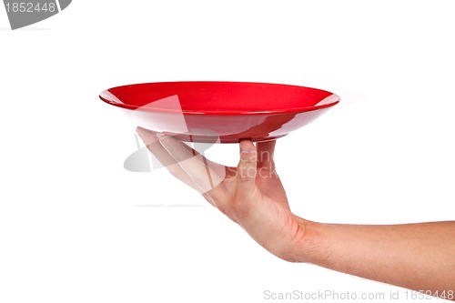 Image of Red kitchen plate on a hand isolated