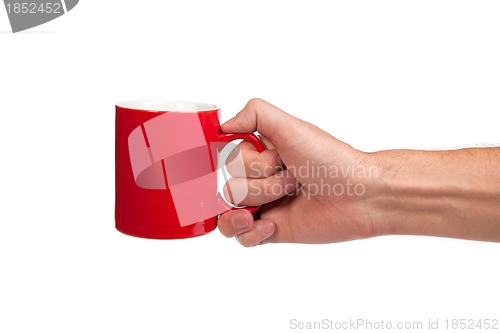 Image of Male hand is holding a red cup