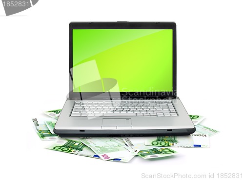 Image of Open laptop with money 