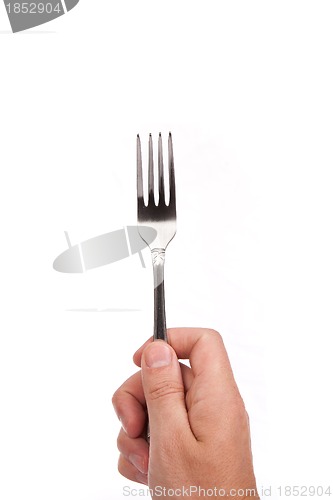 Image of Right mans hand with empty metallic fork