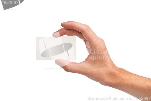 Image of Businessman's hand holding blank business card