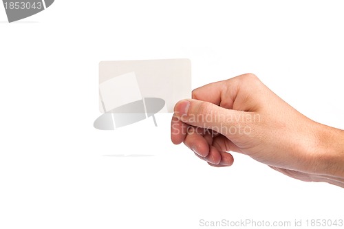 Image of Businessman's hand holding blank business card