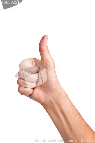 Image of Male hand showing thumbs up sign isolated on white