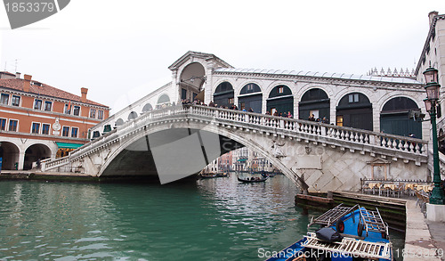 Image of Venice Grand canal with gondolas and Rialto Bridge