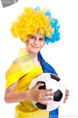 Image of Football fan with  ukrainian flag and a ball on a white backgrou