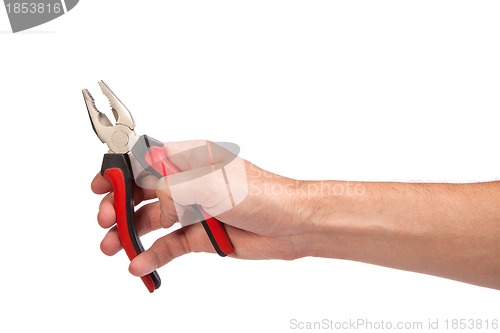 Image of Male hand hold a black and red pliers