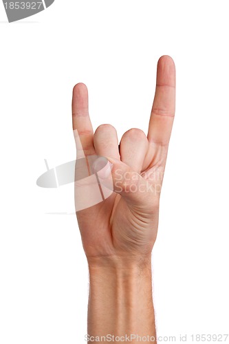 Image of A man's hand giving the Rock and Roll sign