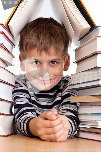 Image of Schoolboy and a heap of books isolated on a white background