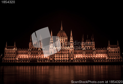Image of Night detail of the Parliament building in Budapest, Hungary
