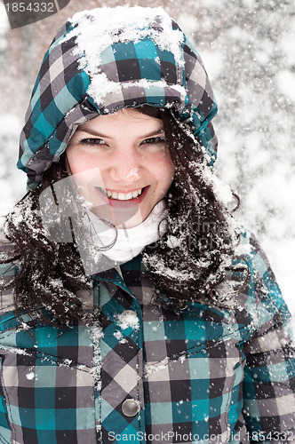 Image of Out of focus picture of a woman with a lot of snowflakes