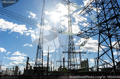 Image of High voltage electrical  towers against sky