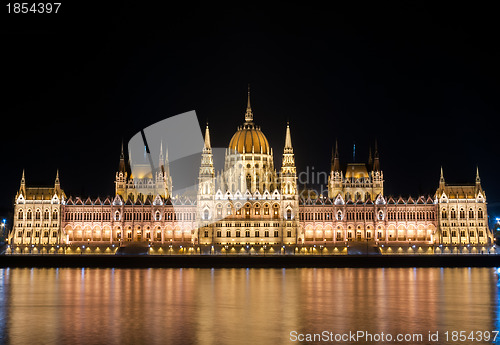 Image of Night detail of the Parliament building in Budapest, Hungary