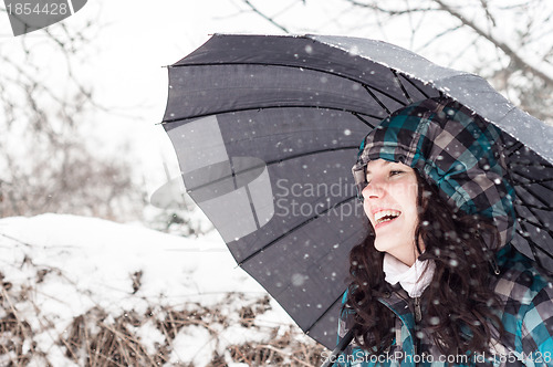 Image of Girl with umbrella in the snow