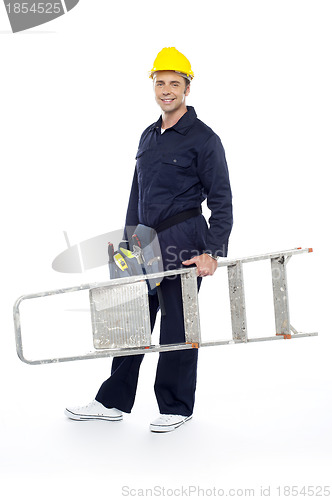 Image of Repairman holding stepladder, ready to go to work