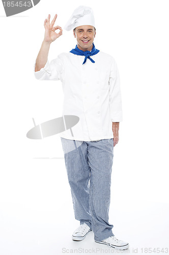 Image of Full length portrait of chef showing okay sign