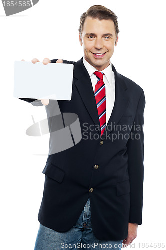 Image of Confident sales representative presenting blank placard