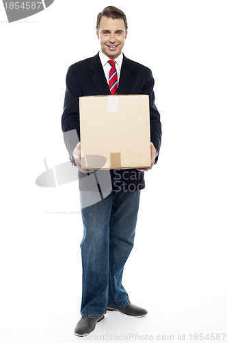 Image of Business representative holding cardboard box