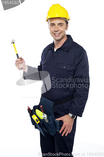 Image of Repairman holding out hammer from his tool kit