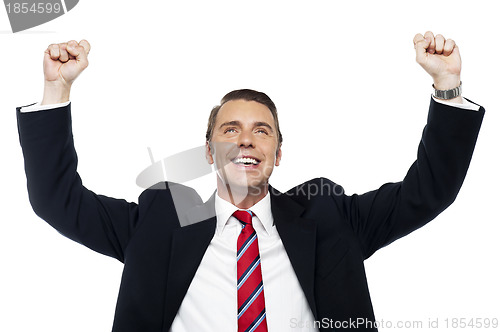 Image of Successful corporate male, arms raised