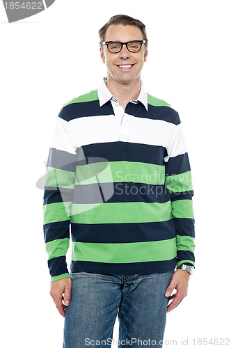 Image of Cheerful guy portrayed in colorful attire