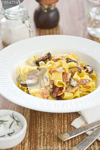 Image of Fettuccine with bacon and mushroom in carbonara sauce