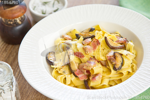 Image of Fettuccine with bacon and mushroom in carbonara sauce