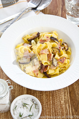 Image of Fettuccine with bacon and mushroom in carbonara sauce