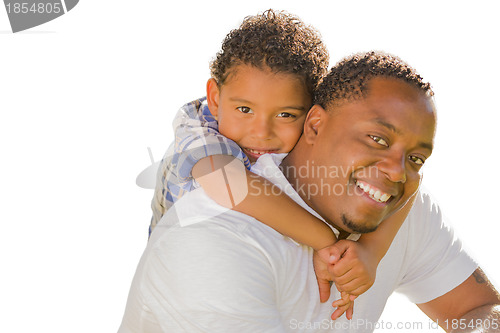 Image of Mixed Race Father and Son Playing Piggyback On White