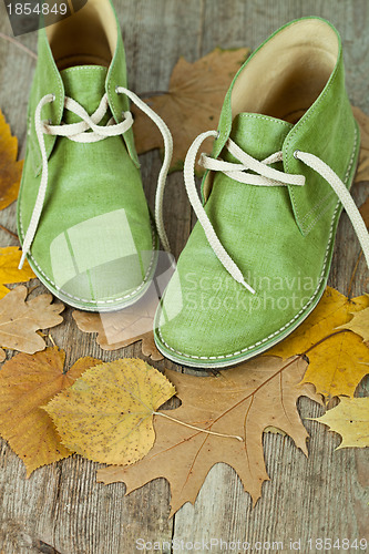 Image of green leather boots and yellow leaves