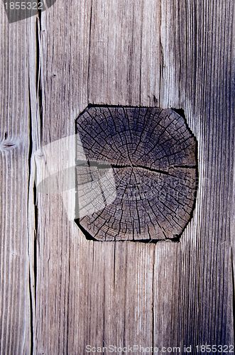 Image of Ancient wooden house wall made of logs and planks. 