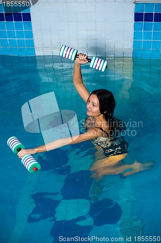 Image of Attractive girl trains in aqua aerobics