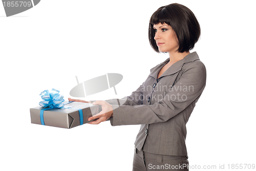 Image of grey box with blue bow as a gift