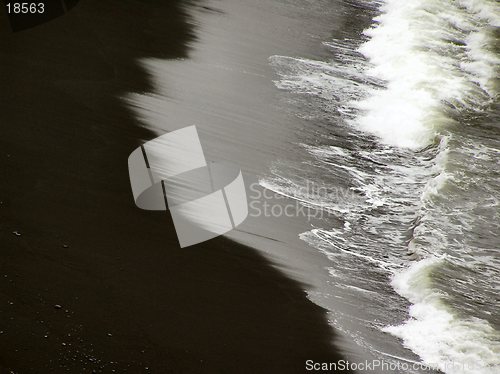 Image of waves breaking onto black beach of Iceland