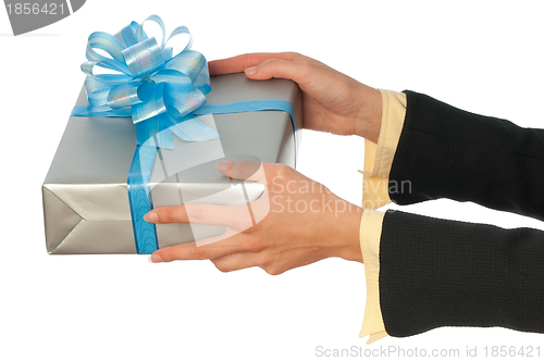 Image of grey box with blue bow as a gift