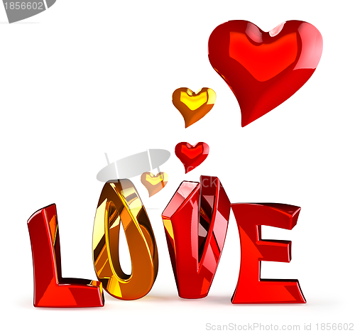 Image of metalic word LOVE with hearts